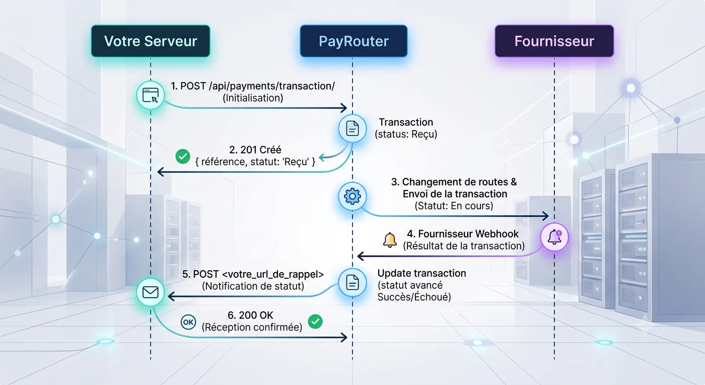 Séquence d un paiement : votre serveur envoie une transaction à PayRouter, PayRouter la route vers un fournisseur, et un webhook du fournisseur permet à PayRouter de notifier votre URL de rappel avec le statut final.